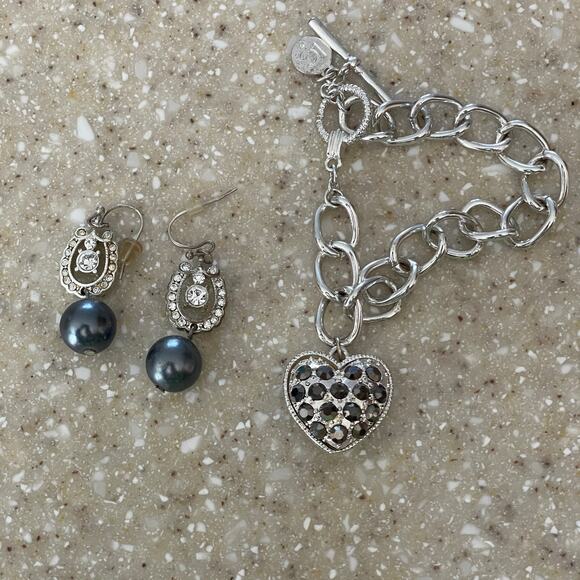 Lauren Conrad Silvertone, Black Stone & Rhinestone Bracelet & Earrings - Picture 1 of 9